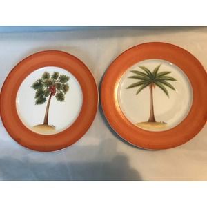 Email De Limoges plates 1855 ORANGE palm tree plates Set of 2 **RARE/HTF